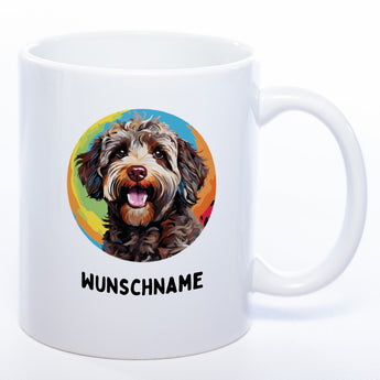 Tasse mit Wunschnamen und  Lagotto Romagnolo-Motiv weiß