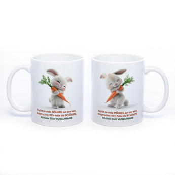 Motivtasse Hase mit Möhre und Wunschnamen - süße Kaffeetasse, nicht nur zu Ostern  - spülmaschinenfest