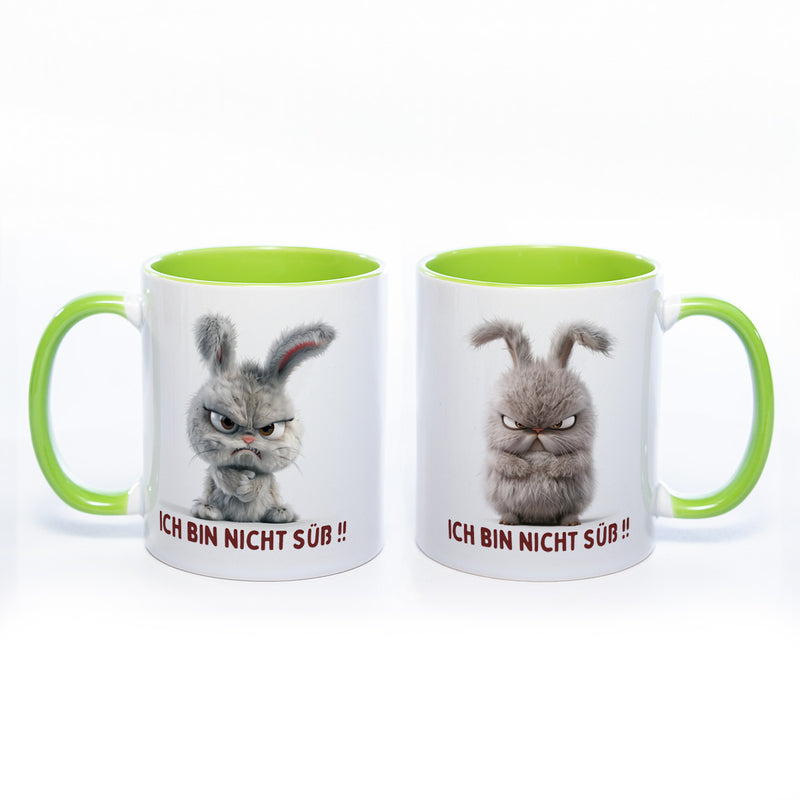 Motiv - Tasse mit  Hase und Spruch: "Ich bin nicht süß!!"  spülmaschinenfest