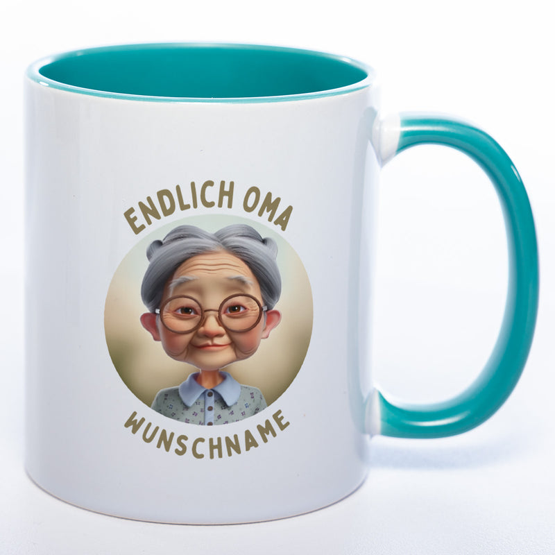 "Endlich Oma"-Tasse mit Wunschnamen - weitere Motive - spülmaschinenfest