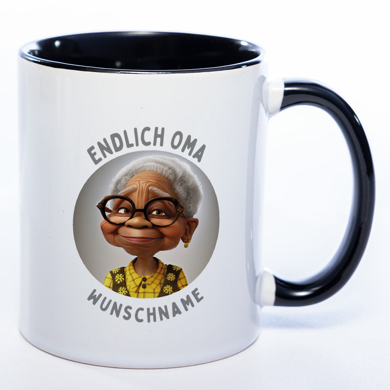 "Endlich Oma"-Tasse mit Wunschnamen - weitere Motive - spülmaschinenfest