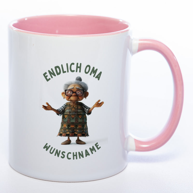 "Endlich Oma"-Tasse mit Wunschnamen - weitere Motive - spülmaschinenfest