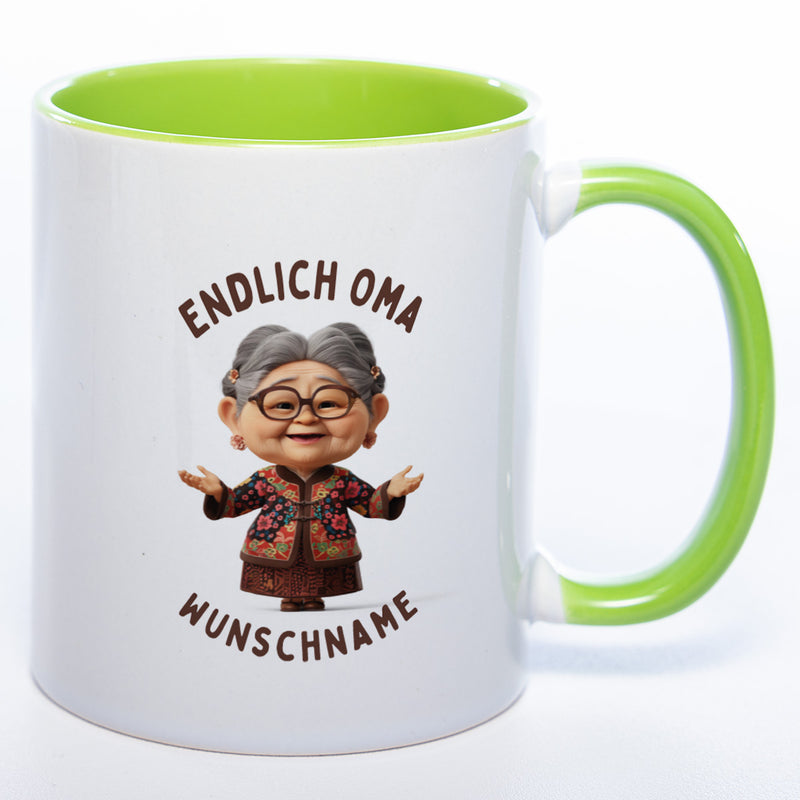"Endlich Oma"-Tasse mit Wunschnamen - weitere Motive - spülmaschinenfest
