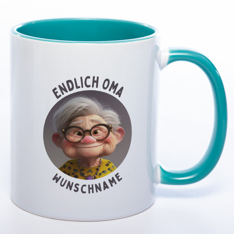 "Endlich Oma"-Tasse mit Wunschnamen - spülmaschinenfest