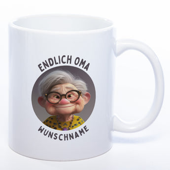 "Endlich Oma"-Tasse mit Wunschnamen - spülmaschinenfest