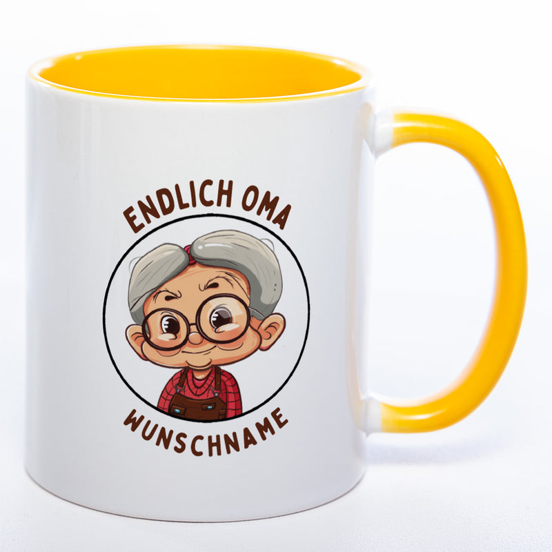 "Endlich Oma"-Tasse mit Wunschnamen - spülmaschinenfest