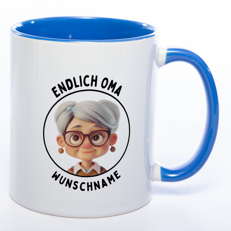"Endlich Oma"-Tasse mit Wunschnamen - spülmaschinenfest
