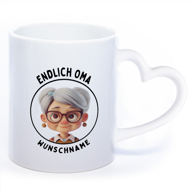 "Endlich Oma"-Tasse mit Wunschnamen - spülmaschinenfest