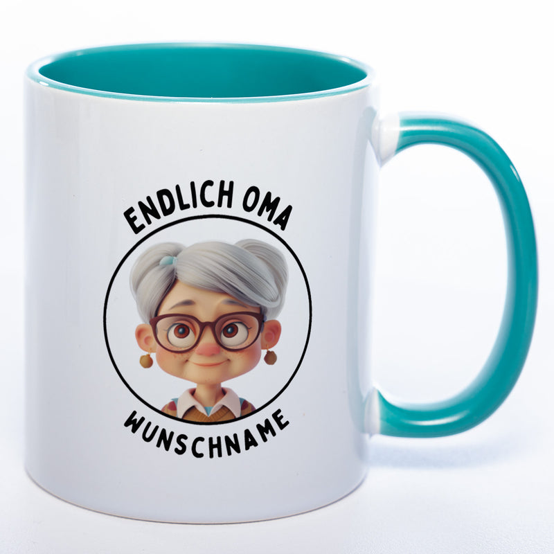 "Endlich Oma"-Tasse mit Wunschnamen - spülmaschinenfest
