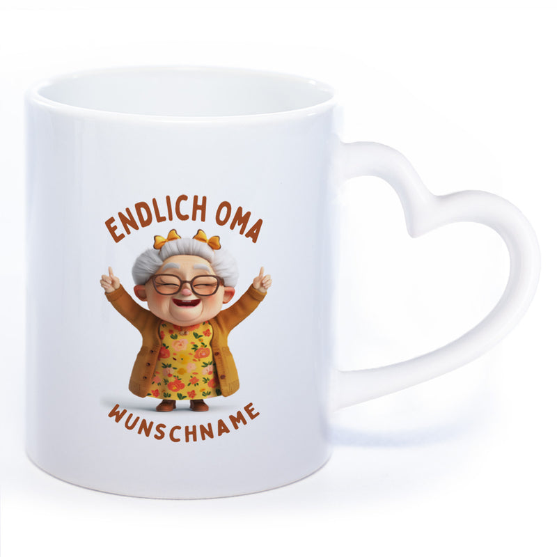 "Endlich Oma"-Tasse mit Wunschnamen - spülmaschinenfest