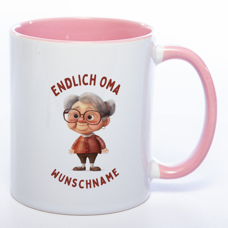 "Endlich Oma"-Tasse mit Wunschnamen - spülmaschinenfest