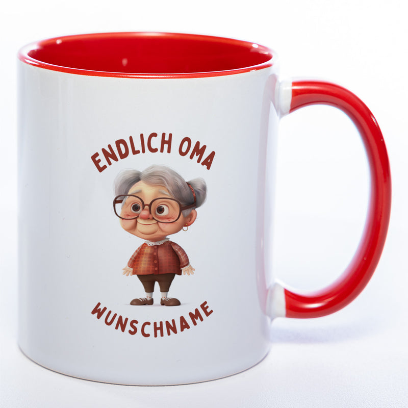 "Endlich Oma"-Tasse mit Wunschnamen - spülmaschinenfest