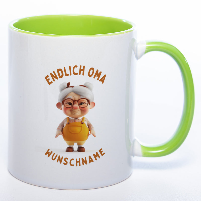 "Endlich Oma"-Tasse mit Wunschnamen - spülmaschinenfest