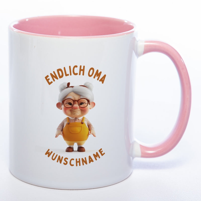 "Endlich Oma"-Tasse mit Wunschnamen - spülmaschinenfest