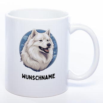 Hundetasse Samoyede mit Wunschname in weiß 