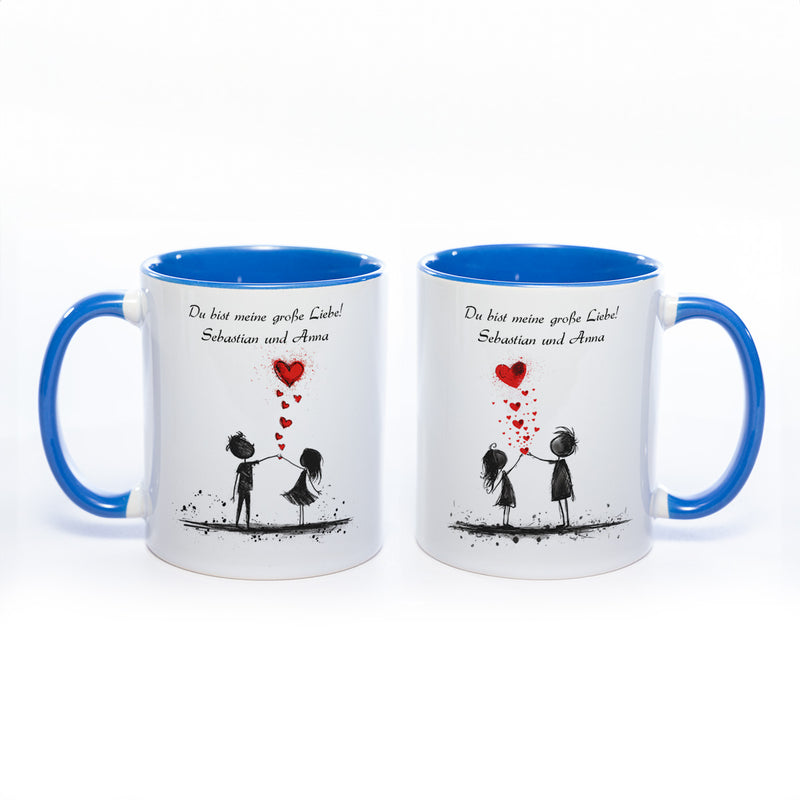 Motiv-Tasse mit Liebespaaren "Du bist meine große Liebe" und  2  Namen spülmaschinenfest