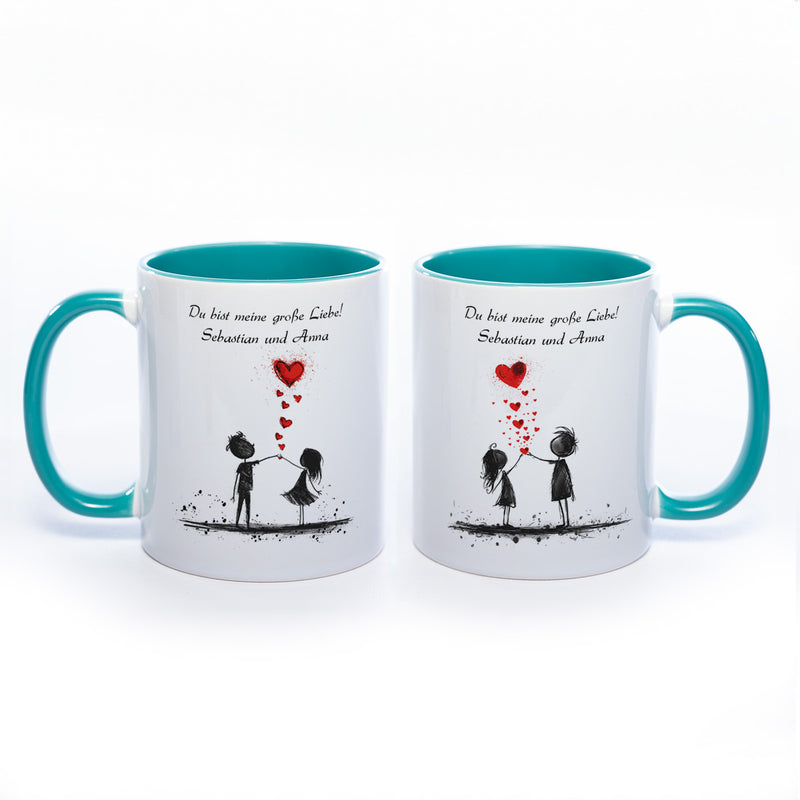 Motiv-Tasse mit Liebespaaren "Du bist meine große Liebe" und  2  Namen spülmaschinenfest
