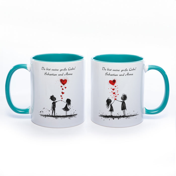 Motiv-Tasse mit Liebespaaren "Du bist meine große Liebe" und  2  Namen spülmaschinenfest