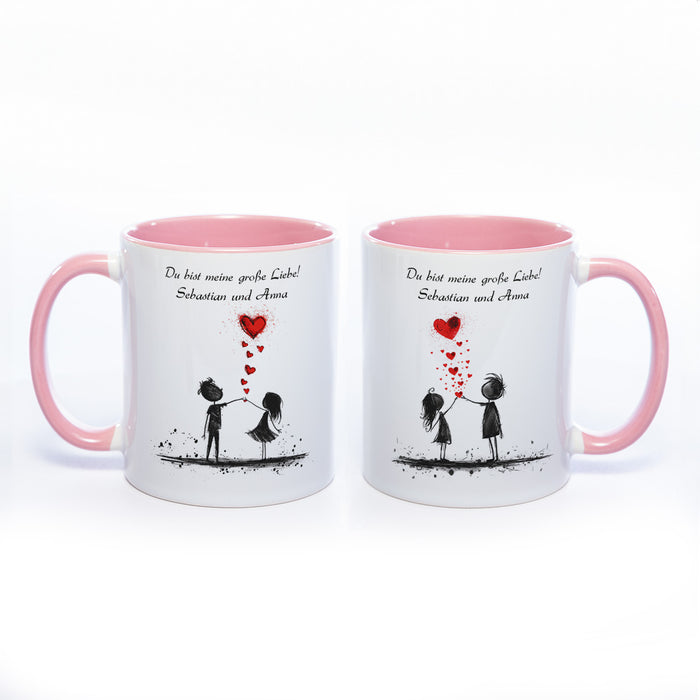 Motiv-Tasse mit Liebespaaren "Du bist meine große Liebe" und  2  Namen spülmaschinenfest