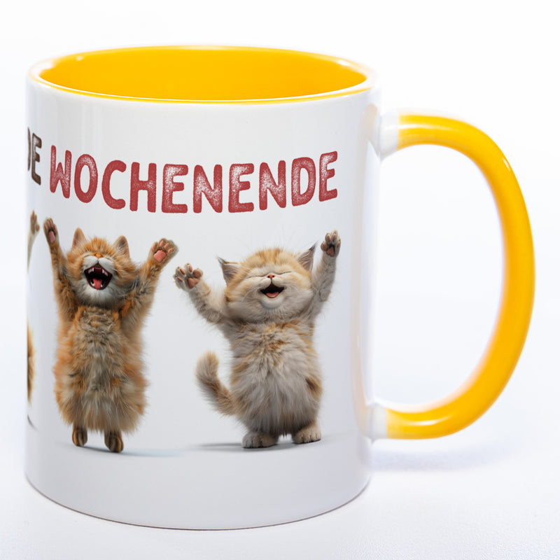 Motiv-Tasse Katzen "Hoch die Hände Wochenende" spülmaschinenfest