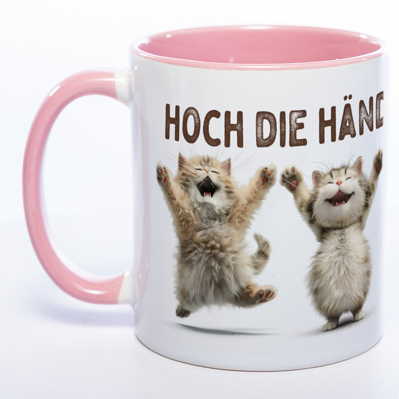 Motiv-Tasse Katzen "Hoch die Hände Wochenende" spülmaschinenfest