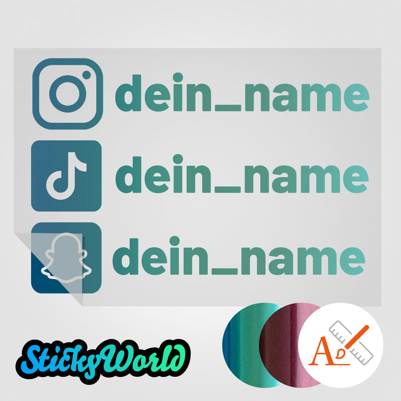 Dreifacher Social Media Sticker mit Deinem Namen in Sonderfarben GLITZER, REFLEKTOR, HOLO,  GOLD, SILBER, NEON, FARBWECHSEL, MILCHGLAS
