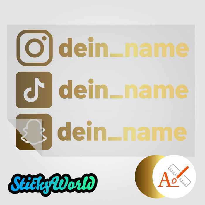 Dreifacher Social Media Sticker mit Deinem Namen in Sonderfarben GLITZER, REFLEKTOR, HOLO,  GOLD, SILBER, NEON, FARBWECHSEL, MILCHGLAS