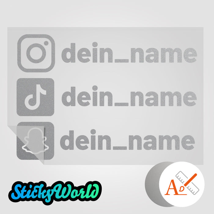 Dreifacher Social Media Sticker mit Deinem Namen in Sonderfarben GLITZER, REFLEKTOR, HOLO,  GOLD, SILBER, NEON, FARBWECHSEL, MILCHGLAS