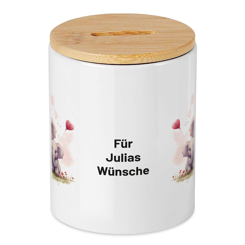 Keramikspardose mit Bambusdeckel zum Öffnen in weiß mit Wunschtext