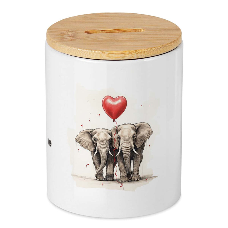 Keramikspardose mit Bambusdeckel zum Öffnen in weiß mit einem Elefantenpaar und roten Luftballon und Wunschtext