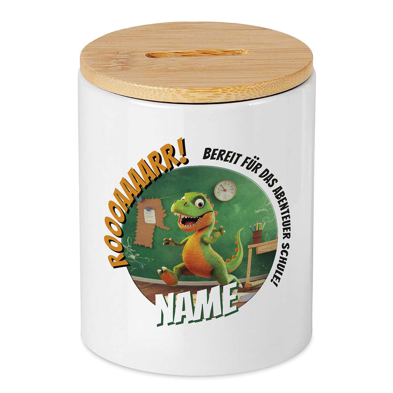 Keramikspardose mit Bambusdeckel zum Öffnen in weiß mit Dino und Text Rooaaarr Breit für das Abenteuer Schule mit Wunschname