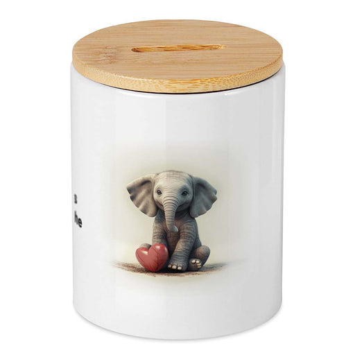 Keramikspardose mit Bambusdeckel zum Öffnen in weiß mit einem Babyelefant und roten Herz und Wunschtext
