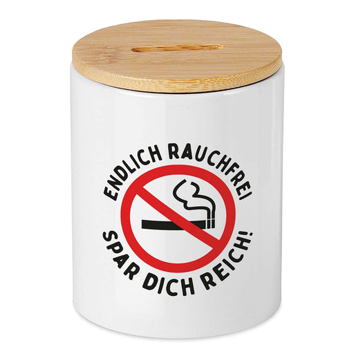 Keramikspardose mit Bambusdeckel zum Öffnen in weiß mit Text Endlich rauchfrei - Spar Dich reich und Nichtraucherbild