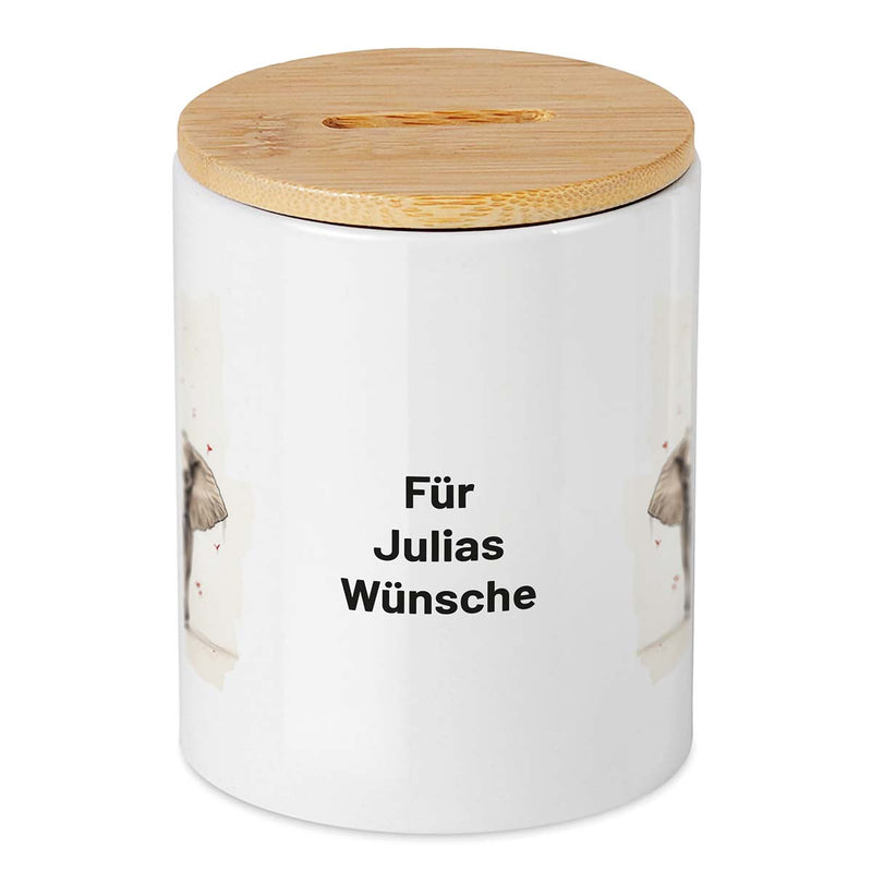 Keramikspardose mit Bambusdeckel zum Öffnen in weiß mit Wunschtext